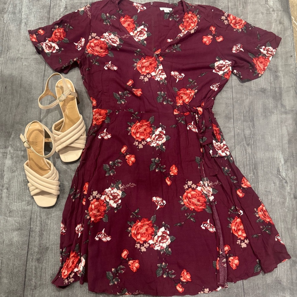 Xhilaration Floral Burgundy Wrap Dress